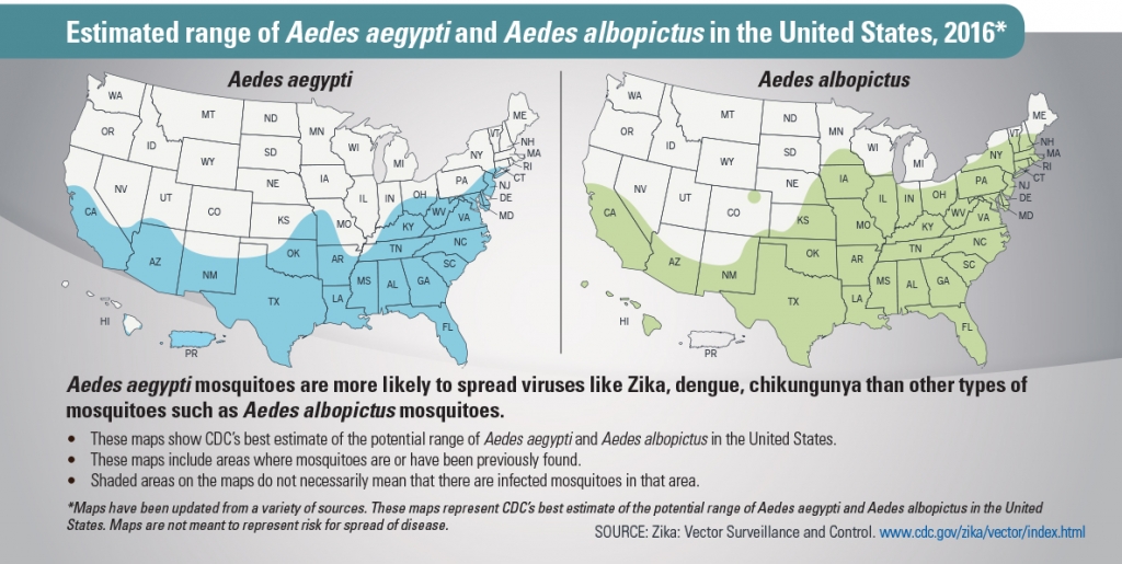 Estimated range of Aedes aegypti and Aedes albopictus mosquitoes