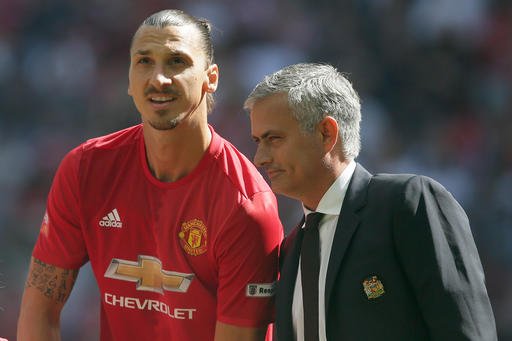 Manchester United manager Jose Mourinho right with Manchester United's Zlatan Ibrahimovic during the Community Shield soccer match between Leicester and Manchester United at Wembley stadium in London Saturday