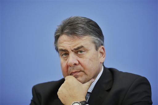 German Vice Chancellor and Economy Minister Sigmar Gabriel briefs the media on his last week's visit in Iran during a news conference in Berlin Germany Thursday