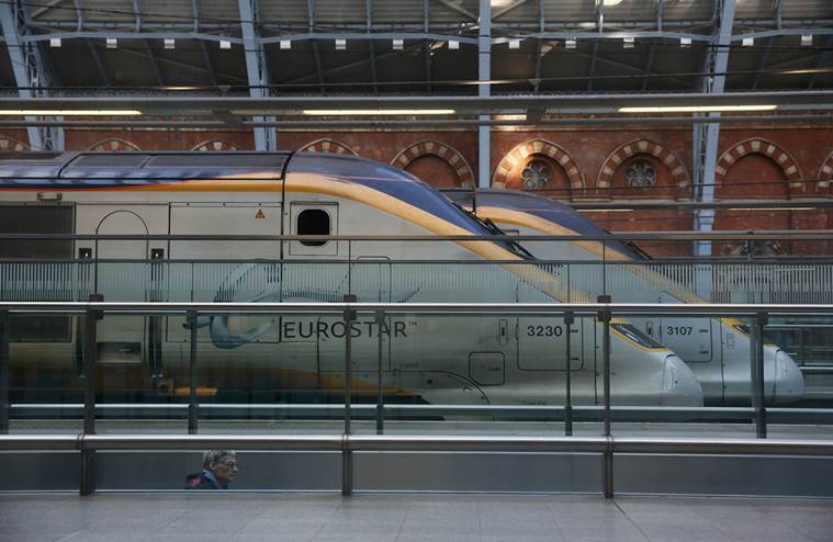 Eurostar trains stand at St Pancras International Station in London. REUTERS