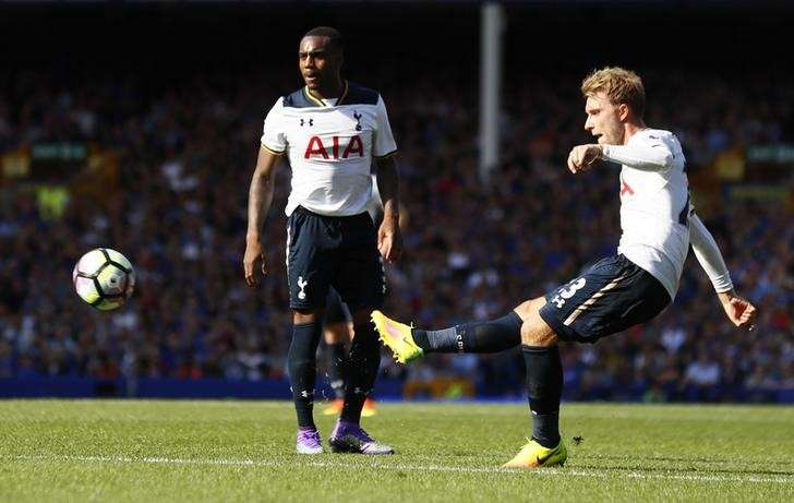 Britain Football Soccer- Everton v Tottenham Hotspur- Premier League- Goodison Park- 13/8/16. Tottenham's Christian Eriksen takes a free kick Action Images via Reuters  Jason Cairnduff. Livepic