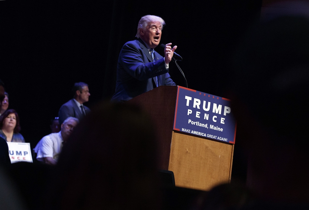 Republican presidential candidate Donald Trump speaks during a campaign rally at Merrill Auditorium Thursday Aug. 4 2016 in Portland Maine