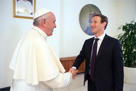 Pope Francis meets Facebook founder and CEO Mark Zuckerberg at the Santa Marta residence the guest house in Vatican City where the pope lives Monday Aug. 29 2016. Vatican spokesman Greg Burke says a topic of discussion at Monday’s meeting was “ho