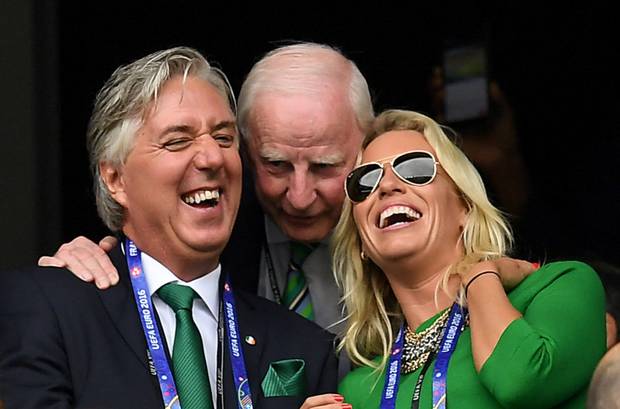 FAI chief executive and OCI vice president John Delaney and his partner Emma English with Pat Hickey at a rugby match in Paris