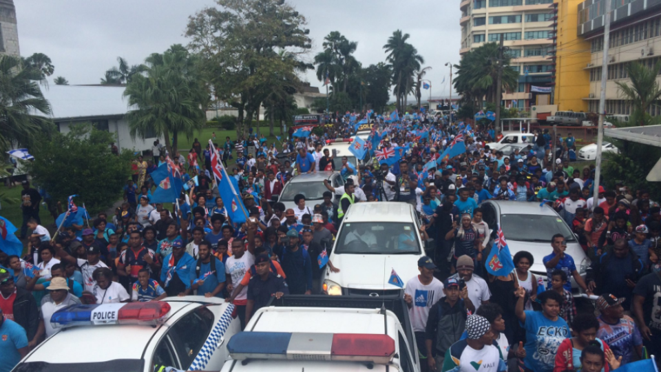 Fans greet Fiji's Olympic gold-medal-winning rugby team on their return from Rio