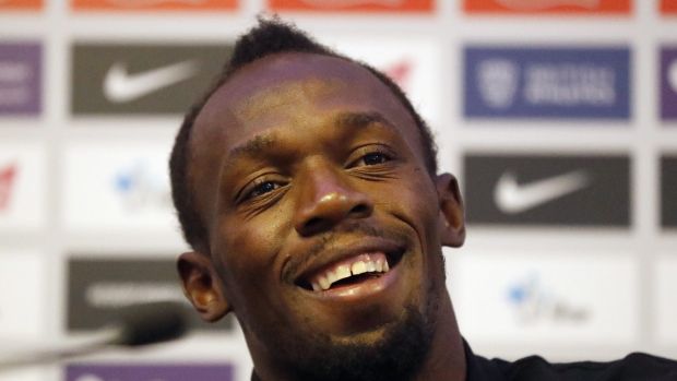 Jamaican athlete Usain Bolt speaks to the media during a press conference ahead of the Muller Anniversary Games