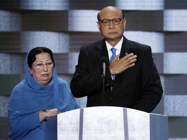 Khizr Khan father of fallen US Army Capt. Humayun S. M. Khan and his wife Ghazala during the final day of the Democratic National Convention in Philadelphia