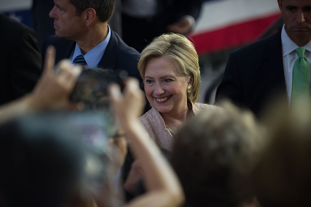 Democratic candidate for President Hillary Clinton greets supporters at a Hillary for America rally at John Marshall High School