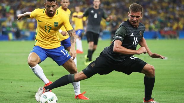 Felipe Anderson of Brazil and Grischa Proemel of Germany during the Men's Football Final