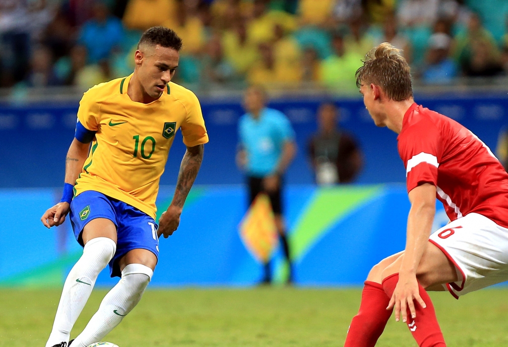 SALVADOR BRAZIL- AUGUST 10 Neymar of Brazil in action during the match Brazil v Denmark on Day 5 of the Rio 2016 Olympic Games at Arena Fonte Nova