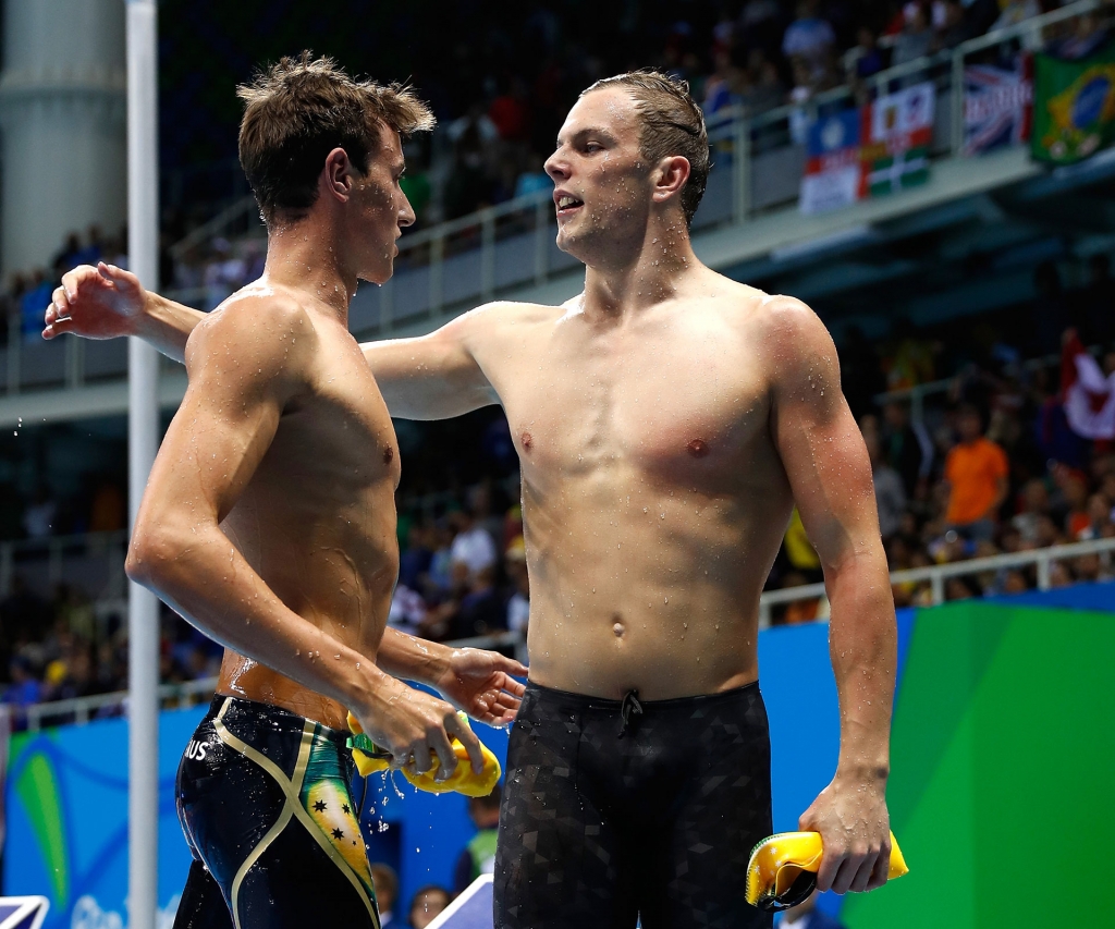 Fellow Aussie Cameron Mc Evoy congratulates Kyle Chalmers on his win