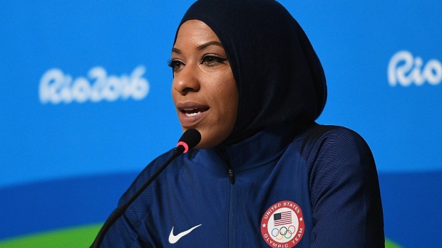 RIO DE JANEIRO BRAZIL- AUGUST 04 American Olympic fencer Ibtihaj Muhammad faces the media during a press conference