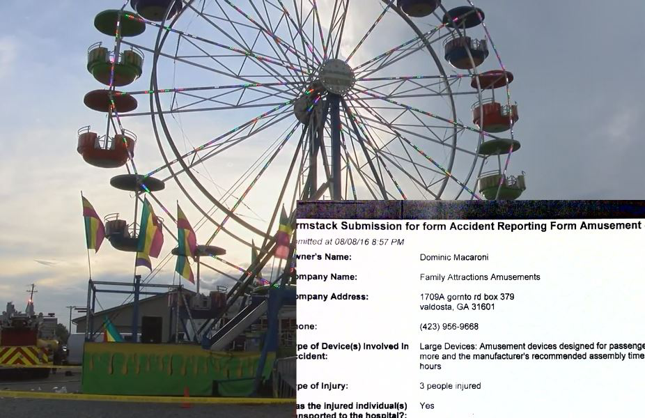 Ferris Wheel in Tennessee. Inset is part of an accident report naming Dominic Macaroni