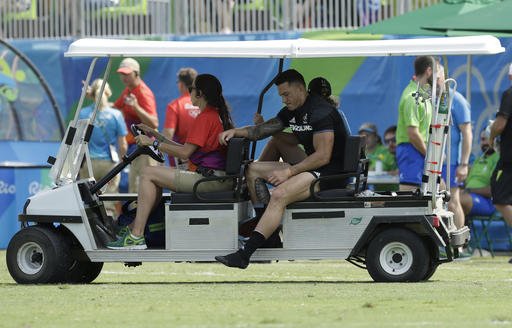 New Zealand's Sonny Bill Williams is driven out of the stadium by medics during the men's rugby sevens match against Japan at the Summer Olympics in Rio de Janeiro Brazil Tuesday Aug. 9 2016