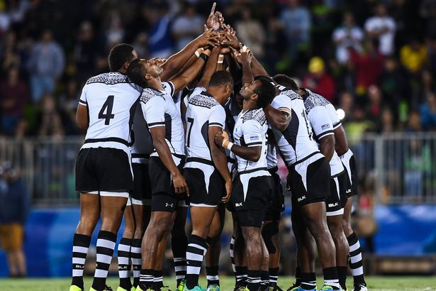 Fiji players before the Men's Rugby Sevens gold medal match