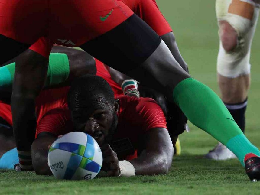 Dennis Ombachi of Kenya feeds the ball back during the men's poll C match against New Zealand at the 2016 Rio Olympics in Rio de Janeiro Brazil