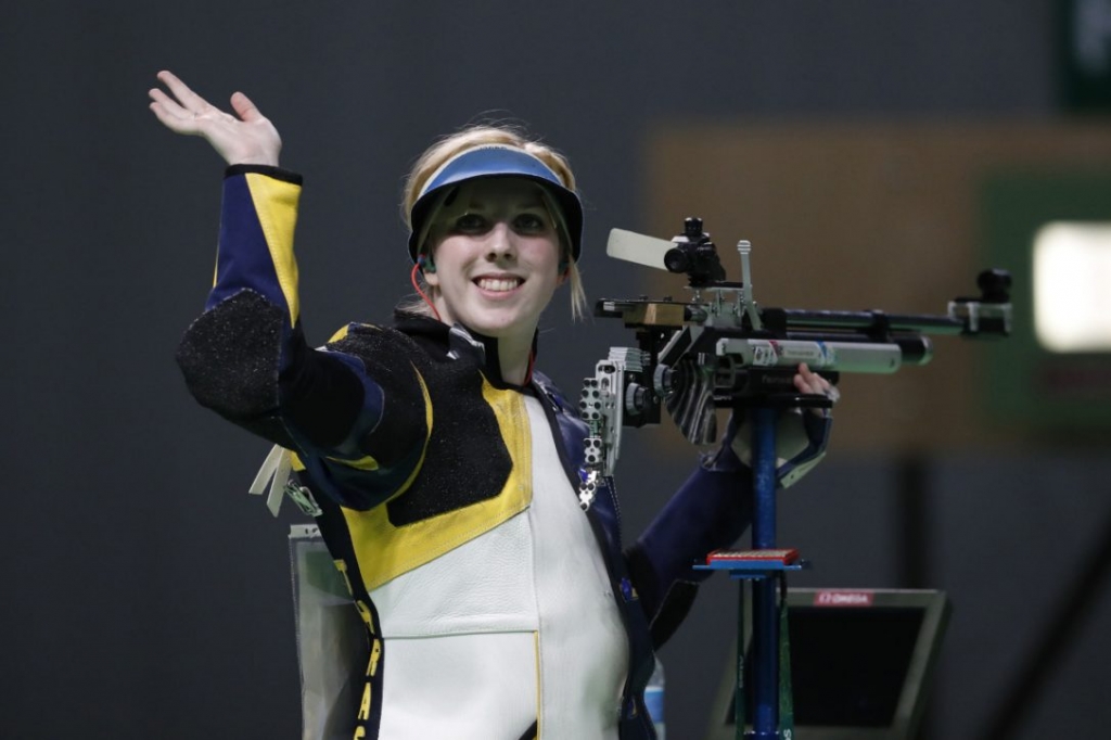 Virginia Thrasher of the United States celebrates winning a shootout to secure the gold medal in the Women's 10m Air Rifle