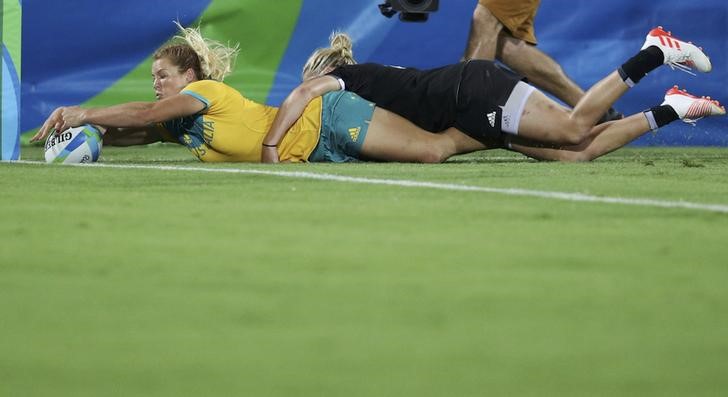 2016 Rio Olympics- Rugby- Women's Gold Medal Match Australia v New Zealand- Deodoro Stadium- Rio de Janeiro Brazil- 08/08/2016. Emma Tonegato of Australia scores a try. REUTERS  Phil Noble