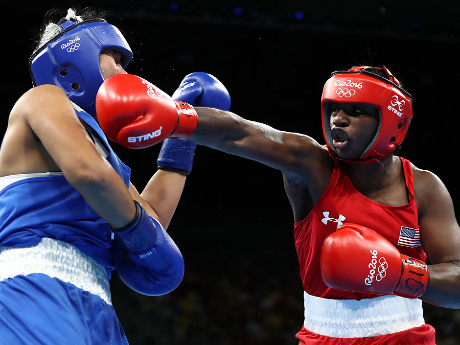 Claressa Shields of the United States fights Dariga Shakimova of Kazakhstan during the Olympic Games at the Riocentro arena in Rio de Janeiro Brazil