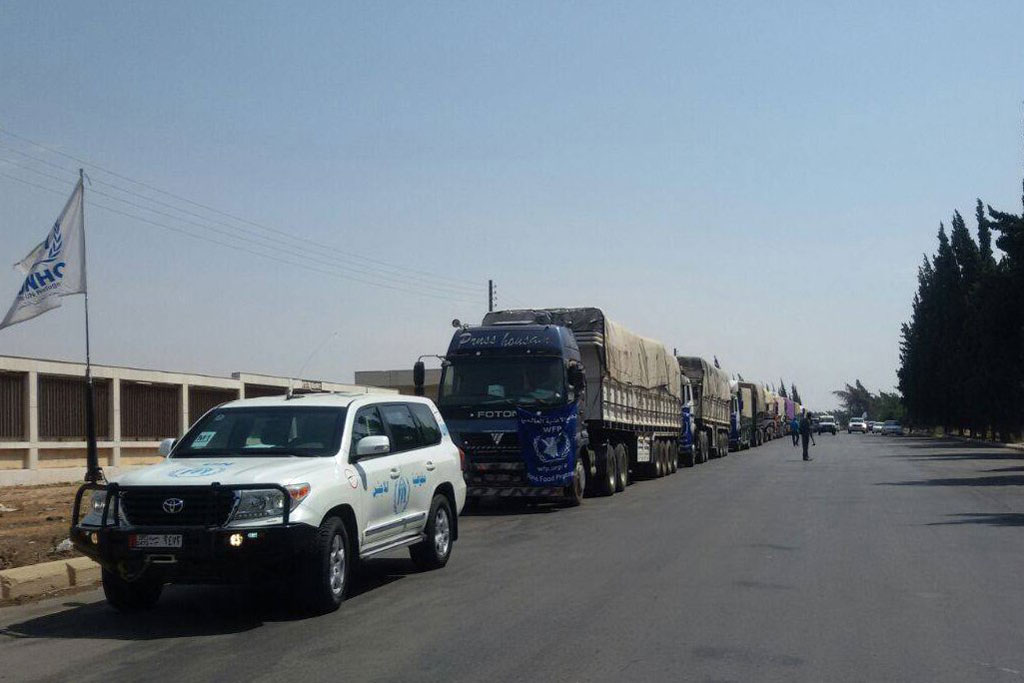 Food nutrition health and emergency items enter the Al Waer neighbourhood of Homs Syria on 23 August 2016