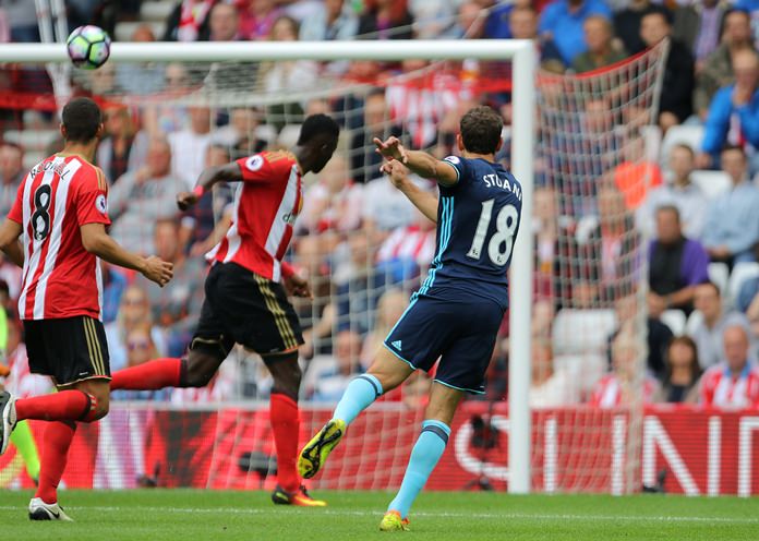 Middlesbrough's Christian Stuani right scores his side's first goal of the game during their Premier League match against Sunderland at the Stadium of Light in Sunderland Sunday Aug. 21