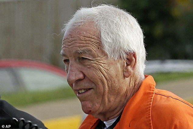 Former Penn State University assistant football coach Jerry Sandusky arrives at the Centre County Courthouse for an appeals hearing on Friday