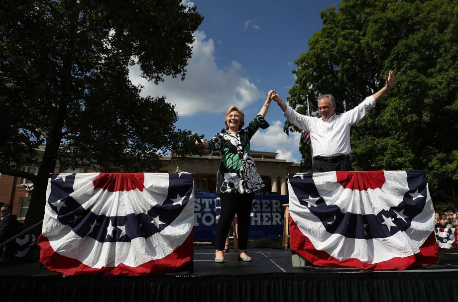 COLUMBUS OH- JULY 31 Democratic presidential nominee former Secretary of State Hillary Clinton democratic vice presidential nominee U.S. Sen Tim Kaine greet supporters during a campaign rally at Fort Hayes Vocational School