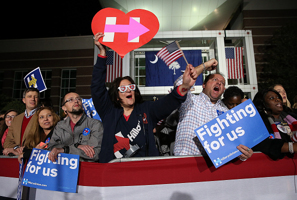 Supporters of Democratic presidential candidate Hillary Clinton cheer as she's introduced during a'Get Out the Vote rally Feb. 26 in Columbia S.C