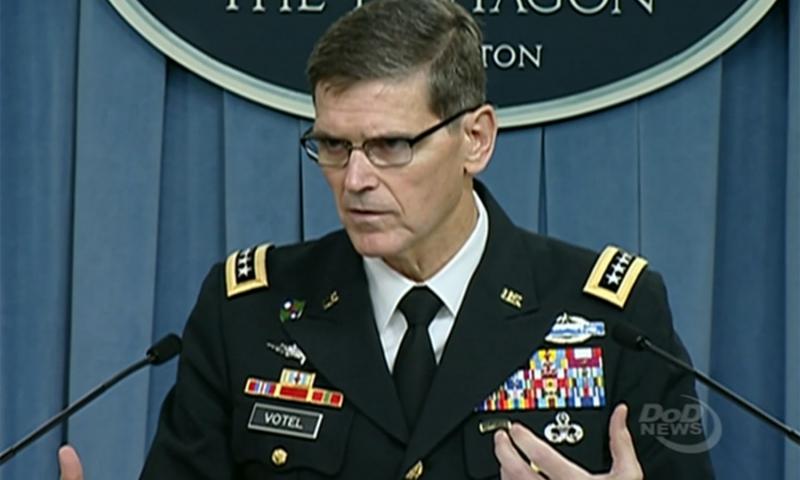 Gen. Joseph Votel answers a question during a press briefing at the Pentagon