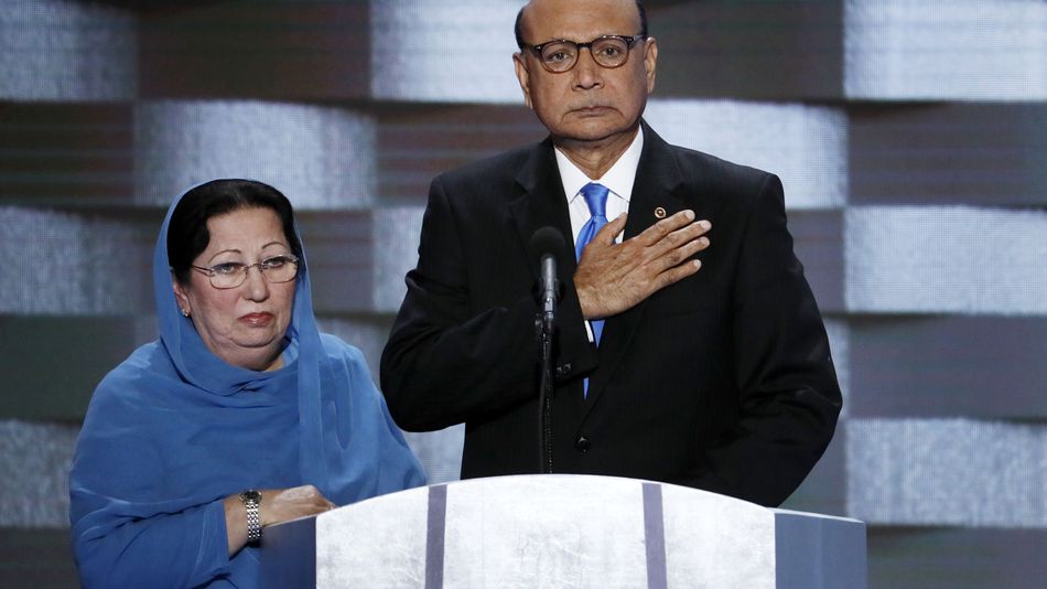 Khizr Khan father of fallen US Army Capt. Humayun S. M. Khan and his wife Ghazala speak during the final day of the Democratic National Convention in Philadelphia, Thursday