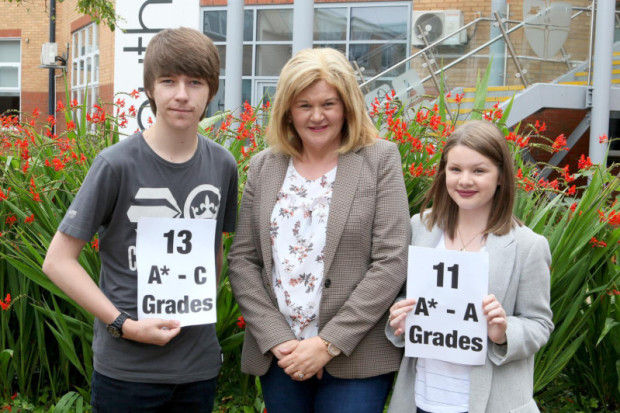 Headteacher Linda Rodham with Reiss Luke and Lucy Miller at Wellfield School