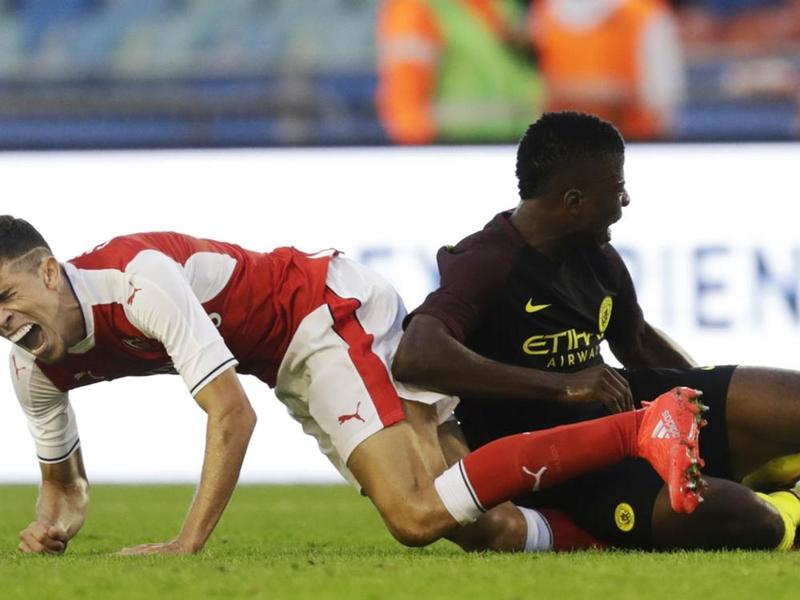 Gabriel left the game against Man City on crutches