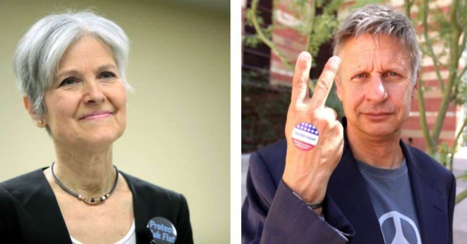 Green Party candidate Dr. Jill Stein on left and Libertarian Party candidate Gary Johnson on right