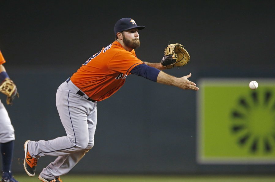 Houston Astros first baseman Tyler White underhands the ball to pitcher James Hoyt for the out on Minnesota Twins&apos Eddie Rosario during the eighth inning of the second game of a baseball doubleheader Thursday Aug. 11 2016 in Minneapolis. The Astro