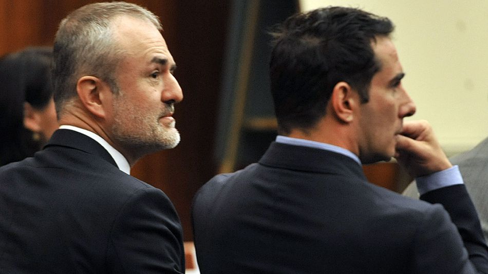 Gawker Media's Nick Denton left and A.J. Daulerio right listens to testimony during Hulk Hogan's lawsuit trial against Gawker Wednesday