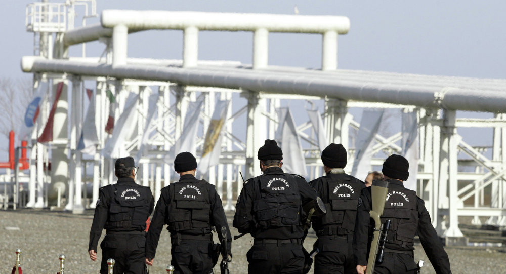 Turkish security special forces patrol at the pumping station in the village of Durusu near the northern Turkish city of Samsun Thursday Nov. 17 2005 hours before the inauguration ceremony of the Blue Stream pipeline