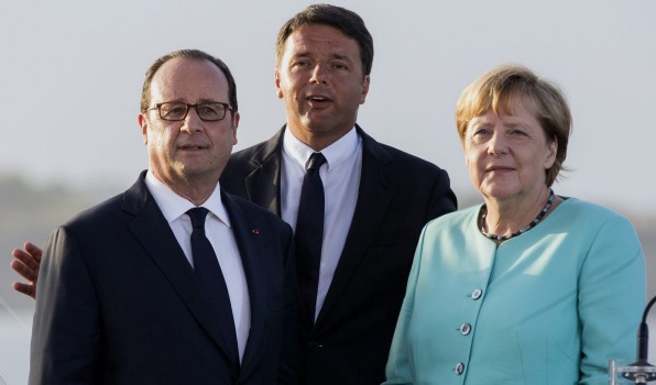 Francois Hollande France's president from left Matteo Renzi Italy's prime minister and Angela Merkel Germany's