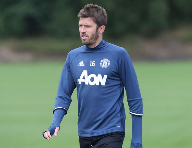 Michael Carrick of Manchester United in action during a first team training session at Aon Training Complex