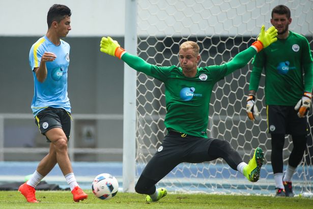 Joe Hart of Manchester City attends the pre-game training ahead of the 2016 International Champions Cup match between Manchester City and Manchester United at National Stadium