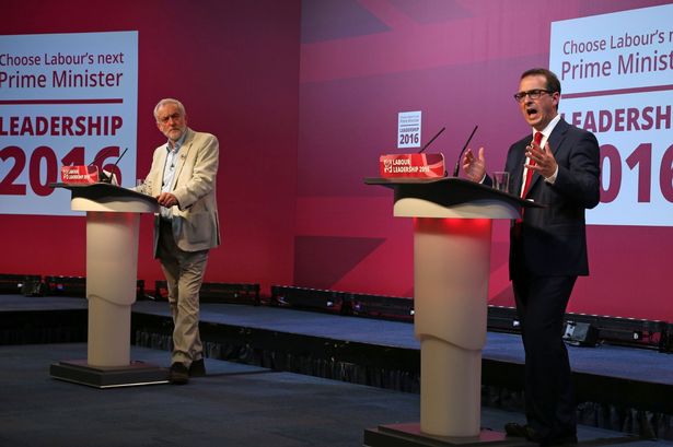 Jeremy Corbyn and Owen Smith during the first Labour Leadership debate at the All Nations Centre Cardiff