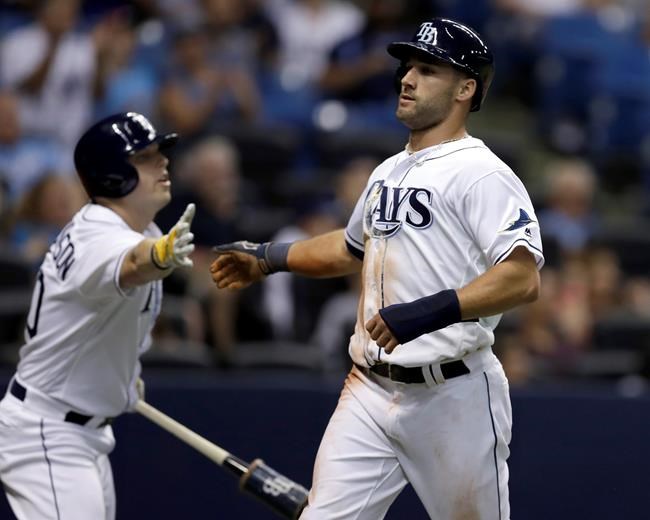 Tampa Bay Rays&#39 Kevin Kiermaier right shakes hands with Corey Dickerson after scoring on a ground-out by Desmond Jennings off Kansas City Royals starting pitcher Yordano Ventura during the fifth inning of a baseball game Tuesday Aug. 2 2016 in St