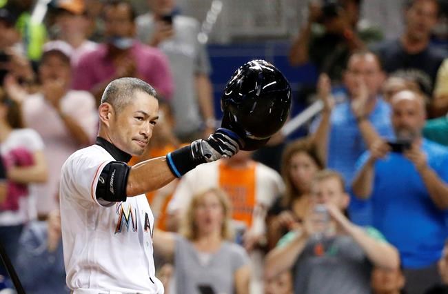 Miami Marlins&#39 Ichiro Suzuki of Japan tips his hat as he receives a standing ovation as he comes to bat during the sixth inning of a baseball game Monday Aug. 8 2016 in Miami. Suzuki became the 30th player to reach 3,000 hits with a triple Sunda