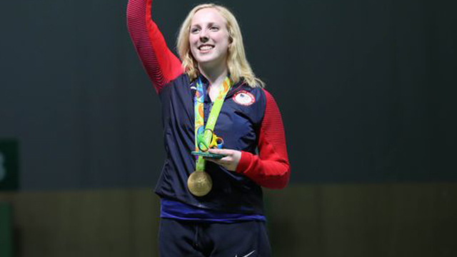 Ginny Thrasher celebrates winning the gold medal in the 10-meter air rifle competition at Olympic Shooting Centre on Aug 6