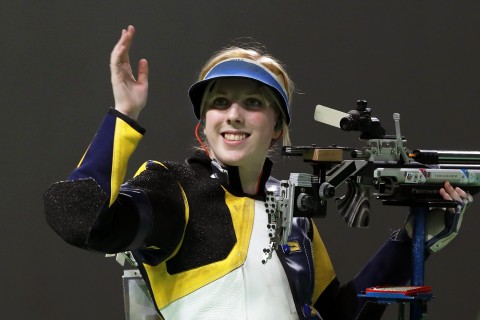 Ginny Thrasher reacts after winning the 10m air rifle final Saturday on the first day of competion at the Rio de Janeiro games