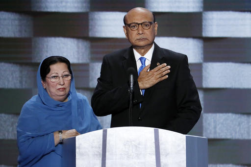 Khizr Khan father of fallen U.S. Army Capt. Humayun S. M. Khan and his wife Ghazala speak during the final day of the Democratic National Convention in Philadelphia. Republican presidential nominee Dona