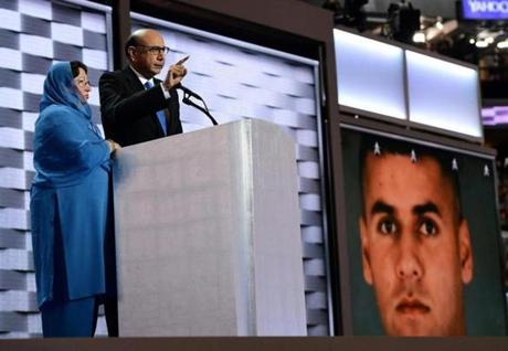 Khizr Khan whose son Humayun S. M. Khan was one of 14 US Muslims who died serving the United States in the ten years after 9/11 speaks during the final day of the 2016 Democratic National Convention