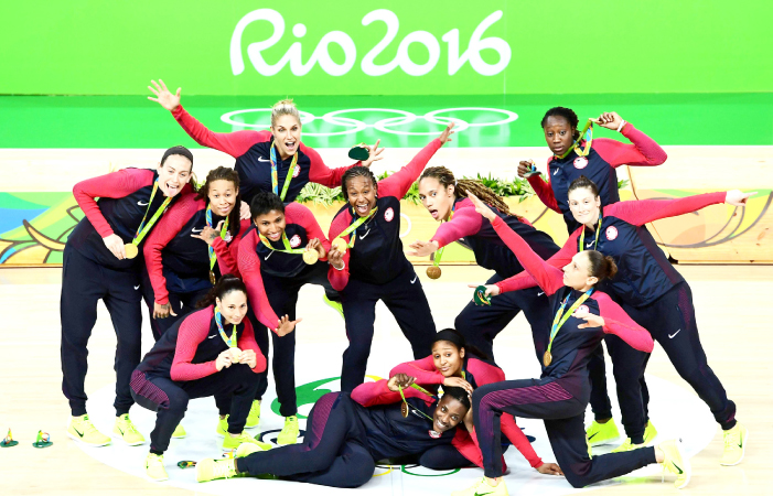 Gold medal-winning US players celebrate after the final of the women’s basketball competition at the 2016 Rio Games Saturday. — AFP