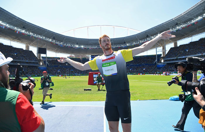 Gold medalist Germany's Christoph Harting celebrates winning the men's discus throw final in Rio de Janeiro Saturday. — AFP