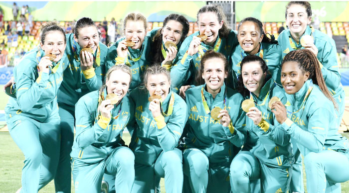 Gold medalists Australia celebrate winning the women’s rugby sevens tournament at the Rio 2016 Olympic Games Monday. — AFP