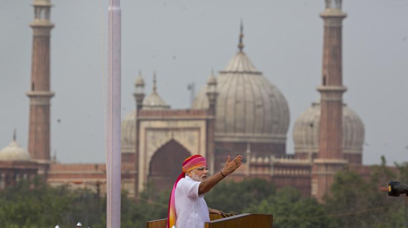 Against the backdrop of Jama Masjid Prime Minister Narendra Modi addresses the nation from Red Fort on 70th Independence Day in New Delhi